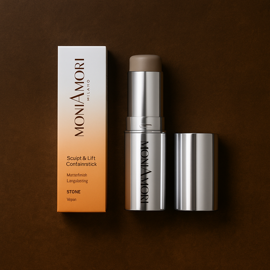 Stick contour Sculpt & Lift de MoniAmori — teinte Stone, format stick élégant au fini mat, présenté sur fond texturé chic.