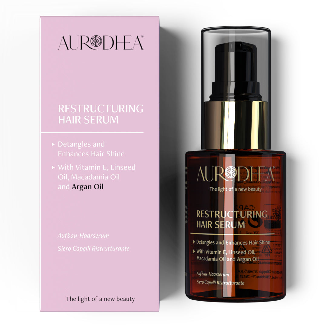 Flacon de Sérum Capillaire Réparateur Aurodhea à l’Huile d’Argan avec huiles de lin et macadamia pour brillance et douceur.