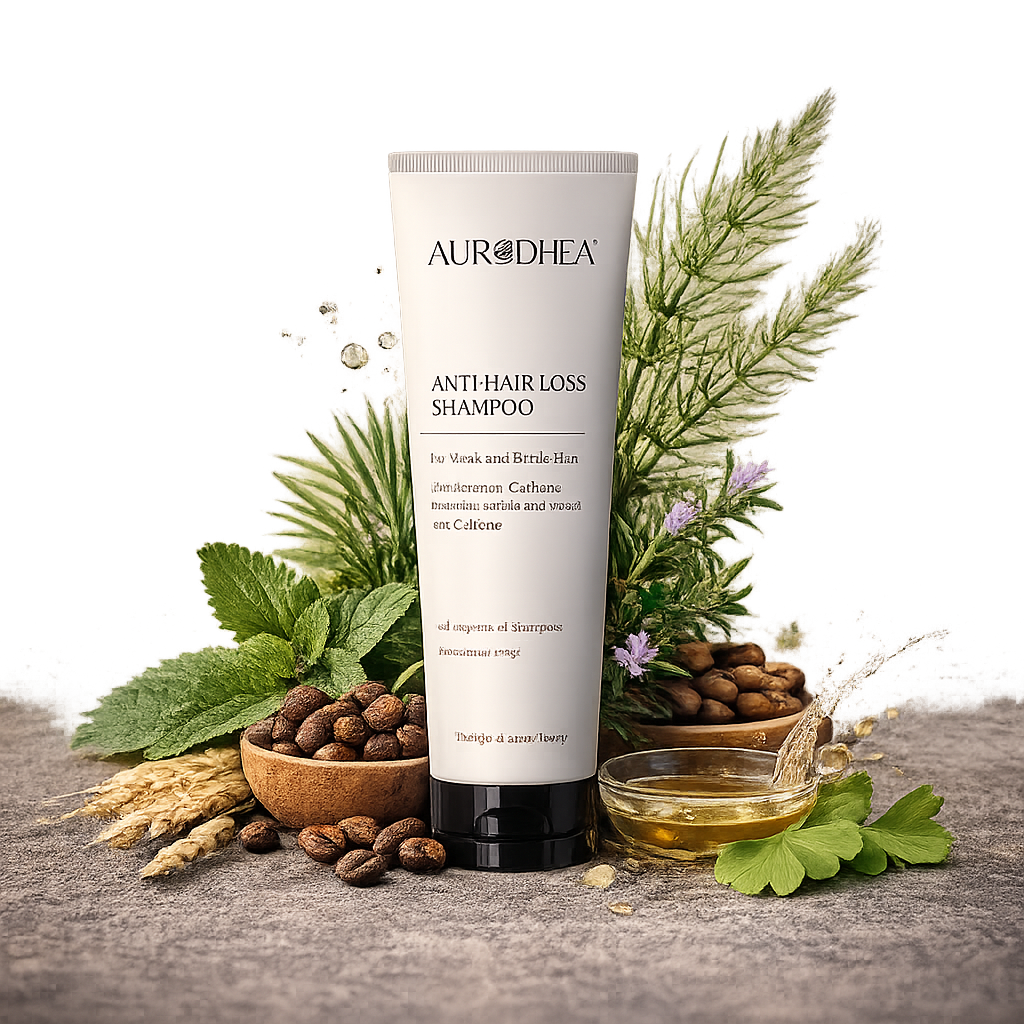 Shampoing anti-chute Aurodhea avec caféine et actifs végétaux pour cheveux fragiles