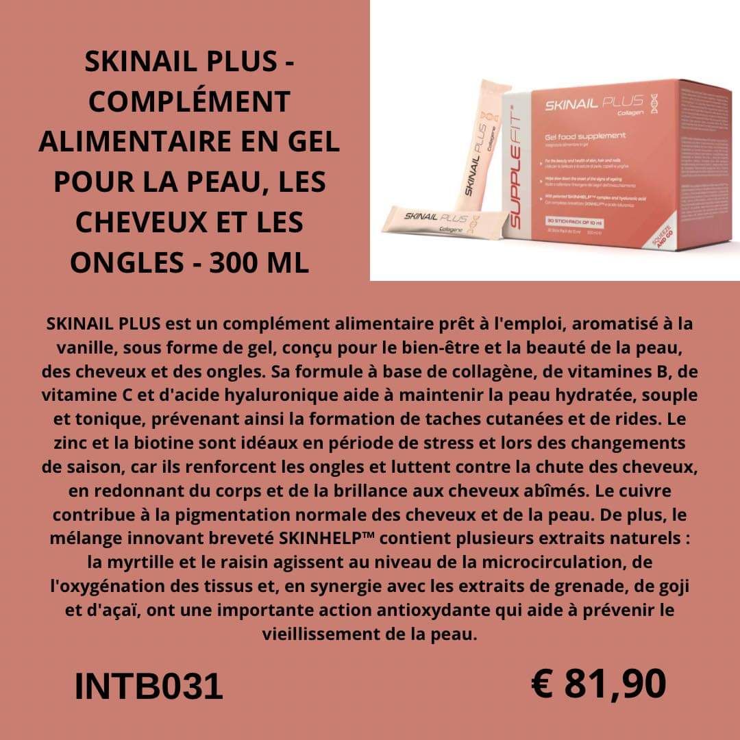 Boîte et sticks SKINAIL PLUS SuppleFit – Gel beauté à la vanille pour peau éclatante et cheveux forts.