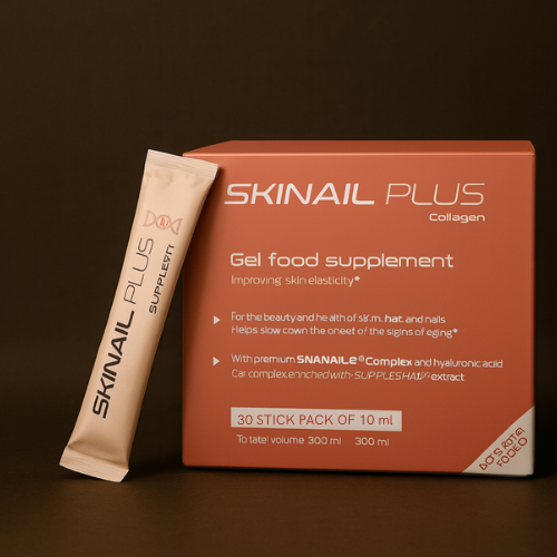 Complément alimentaire SKINAIL PLUS au collagène et acide hyaluronique pour la beauté de la peau, des cheveux et des ongles.