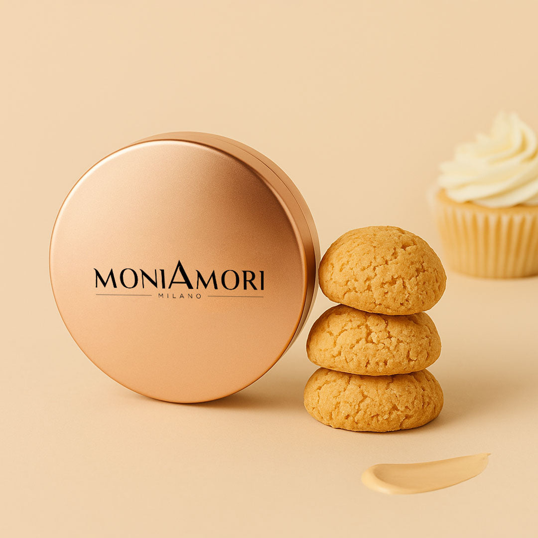 Texture du fond de teint compact Solar Defence SPF 30 MoniAmori teinte Amaretto sur la peau