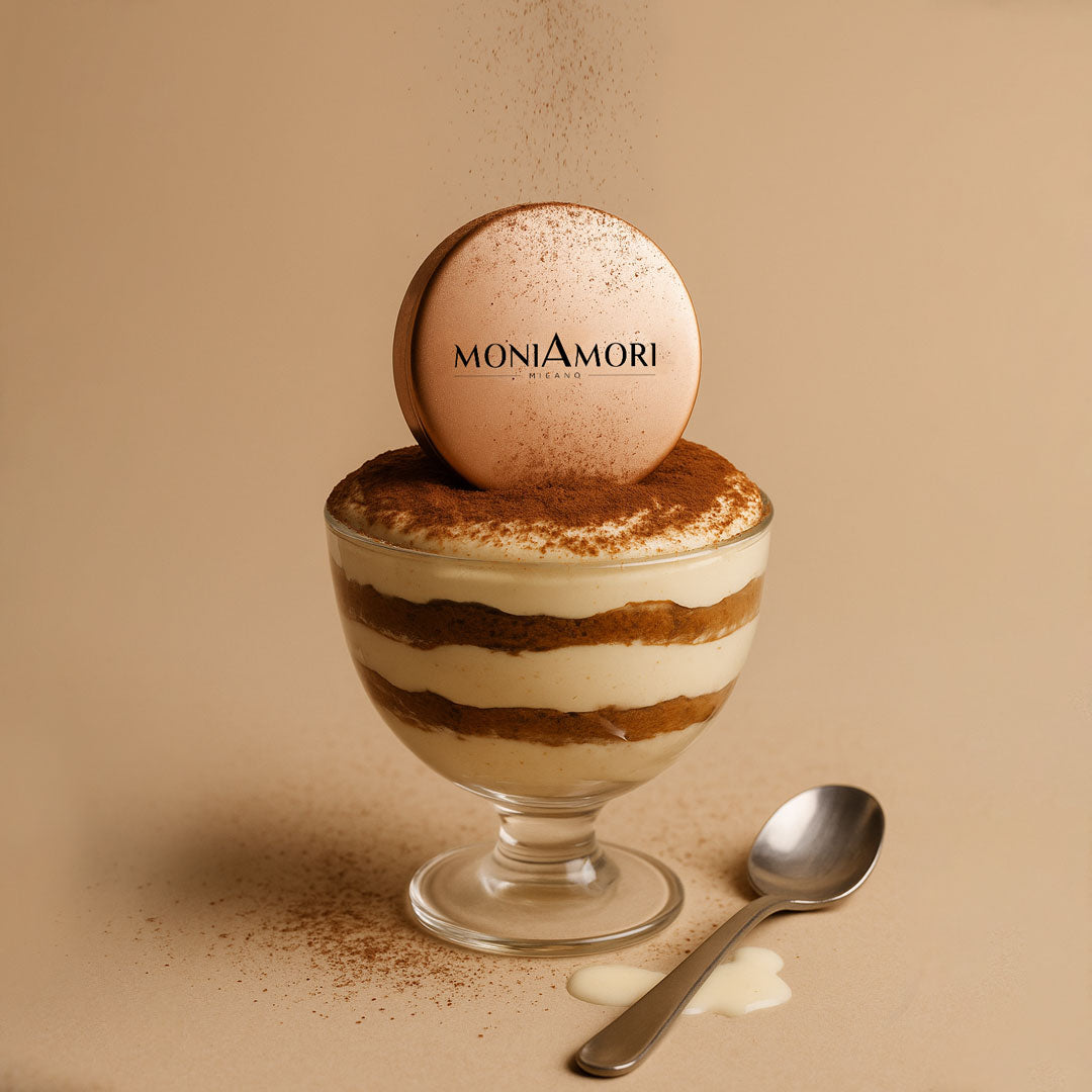 Packaging du fond de teint compact Solar Defence SPF 30 MoniAmori teinte Tiramisù – format 8 g