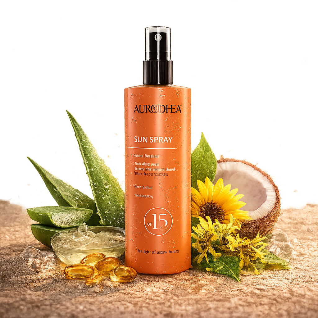 Spray solaire SPF 15 Aurodhea avec Aloe vera et vitamine E – protection UV hydratante