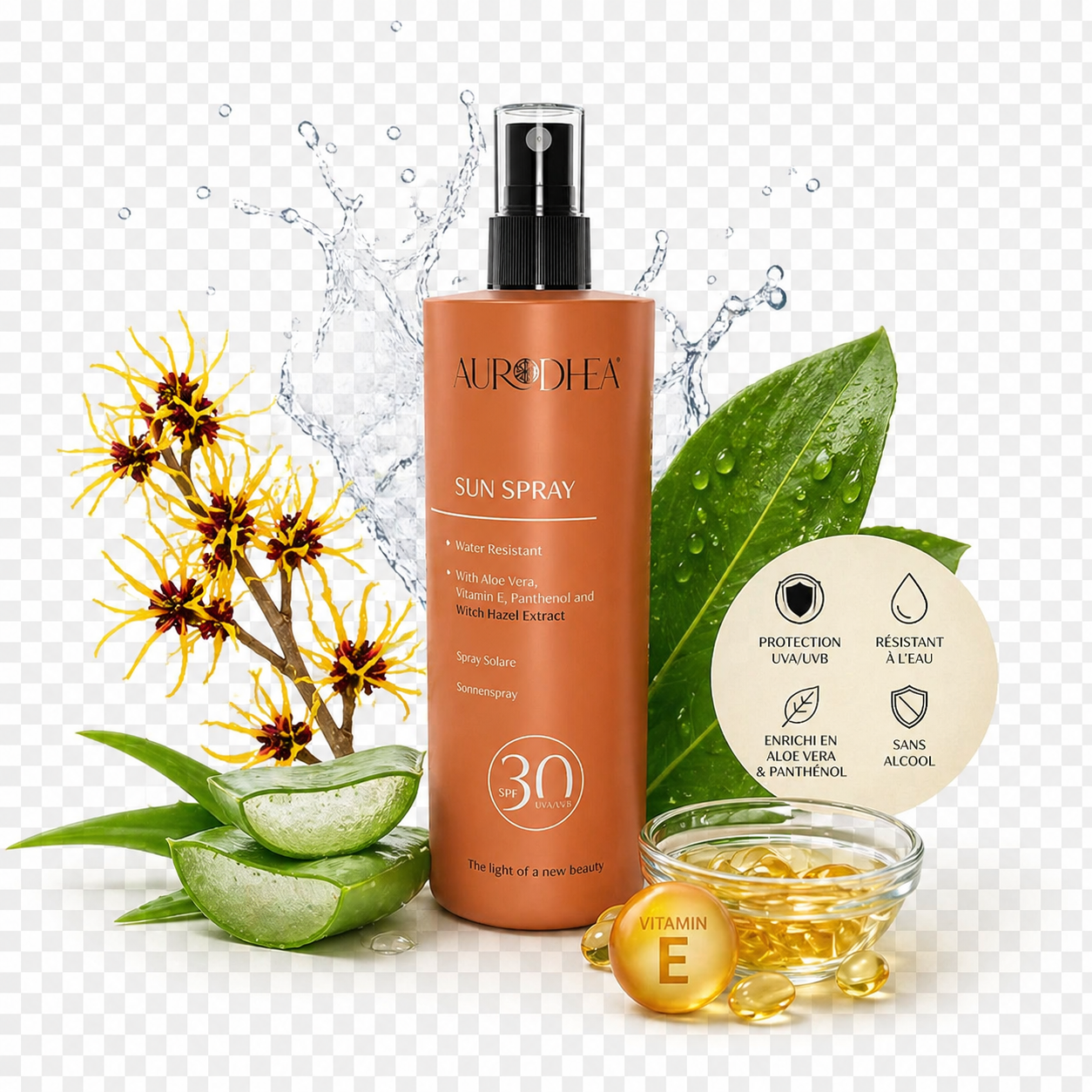 Spray solaire SPF30 Aurodhea protection UVA UVB hydratant à l’aloe vera et vitamine E