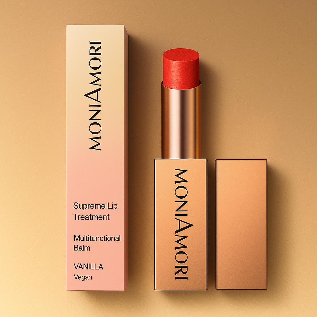 Baume à lèvres Moniamori Supreme Lip Treatment Vanille, soin vegan hydratant et réparateur.