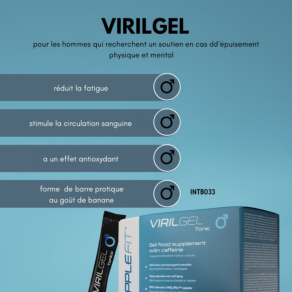 VIRILGEL – gel énergisant pour la vitalité masculine, à base de Maca, Cacao et Maté, goût banane, fabriqué par Supplefit Chogan.