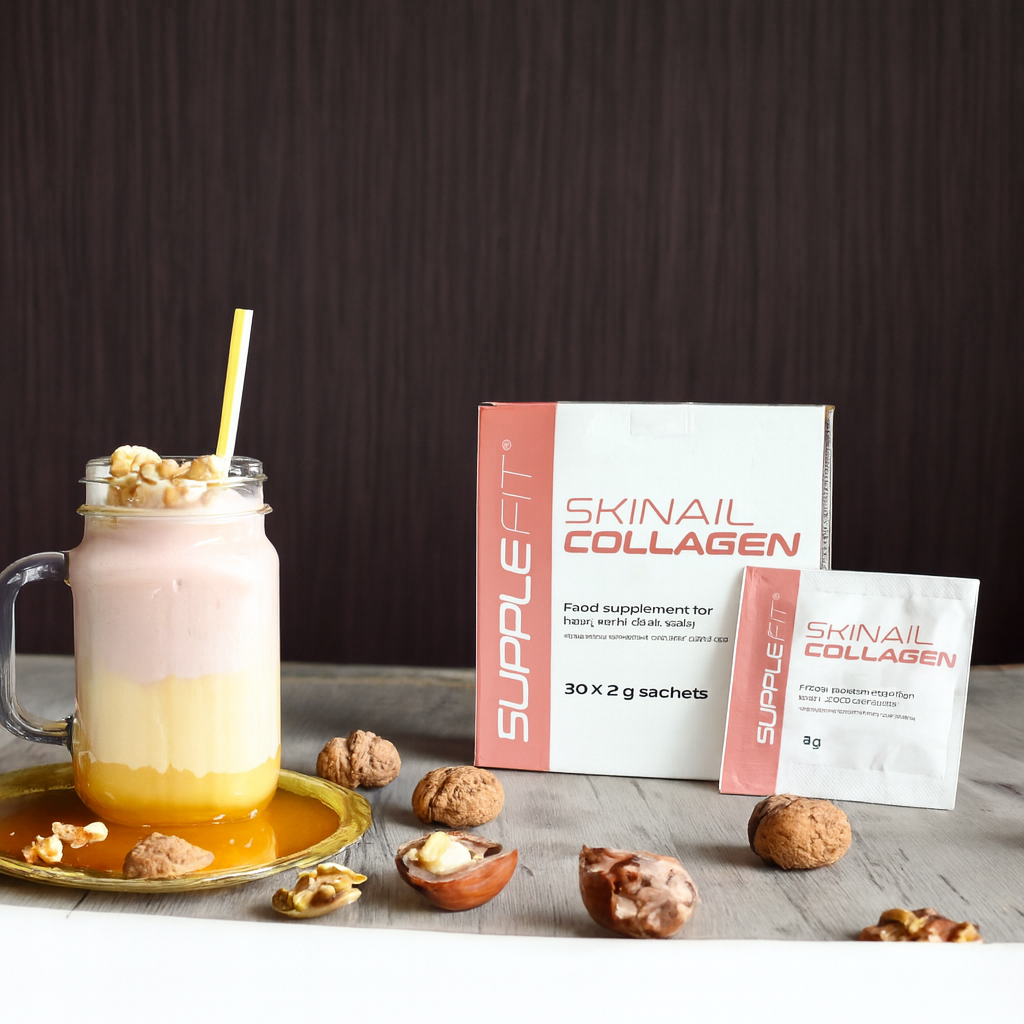 Boîte et sachets de collagène SUPPLEFIT SKINAIL – complément beauté au complexe breveté CBH-TOTAL™ pour une peau ferme, des cheveux forts et des ongles résistants.