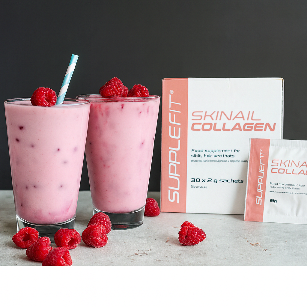 Photo lifestyle du collagène SUPPLEFIT SKINAIL avec un jus vitaminé et des fruits frais – beauté, santé et éclat naturel au quotidien.